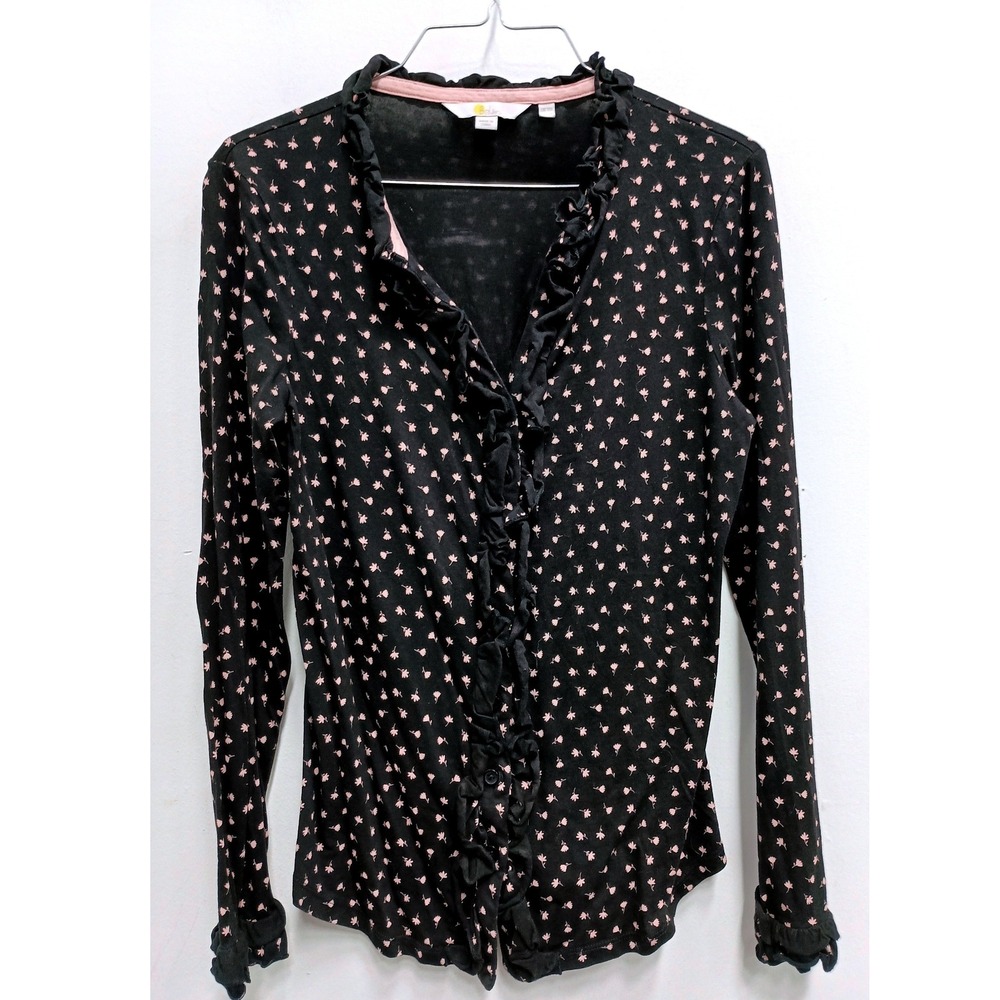 Boden Blouse Top Womens 6R Black Pink Floral Ruffle Front Long Sleeve Office